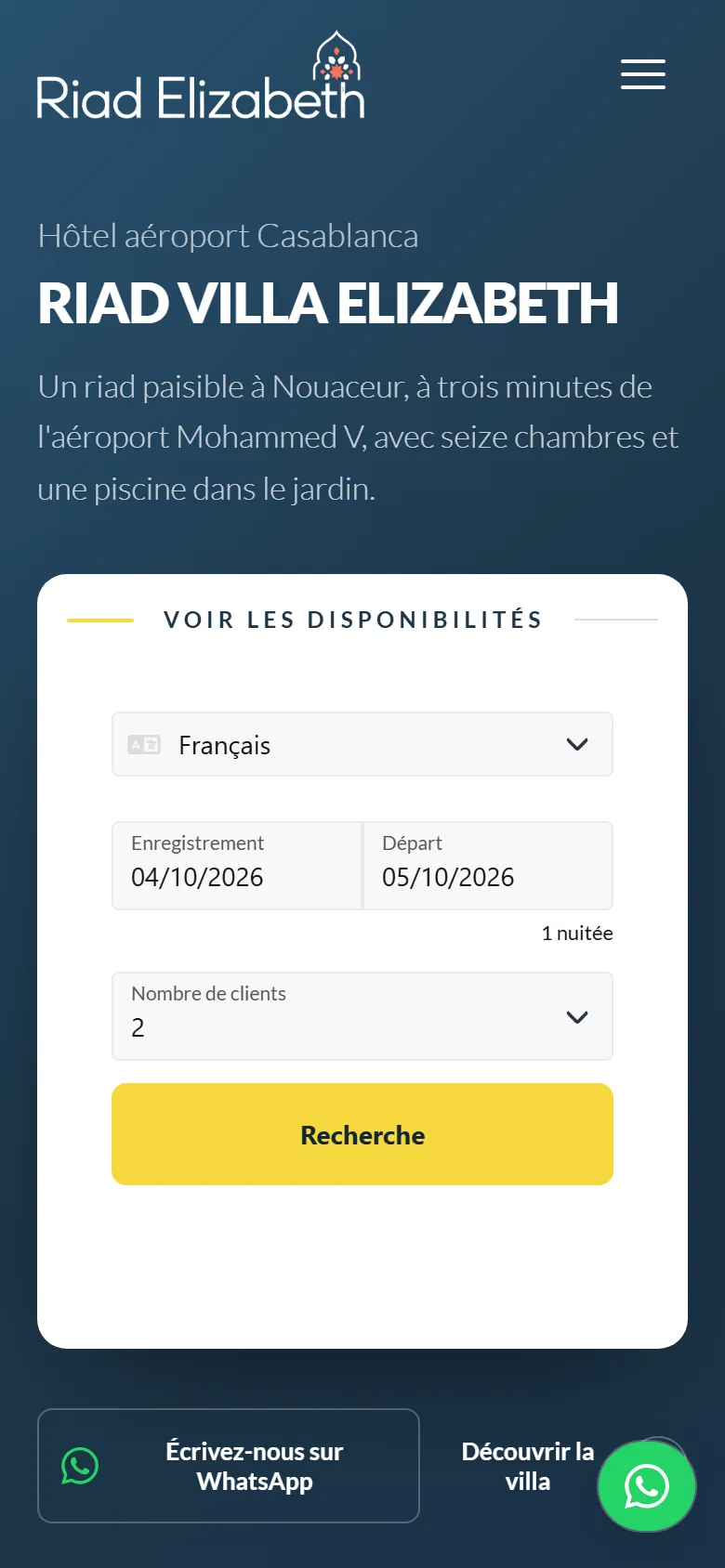 La page d’accueil de Riad Villa Elizabeth sur un téléphone