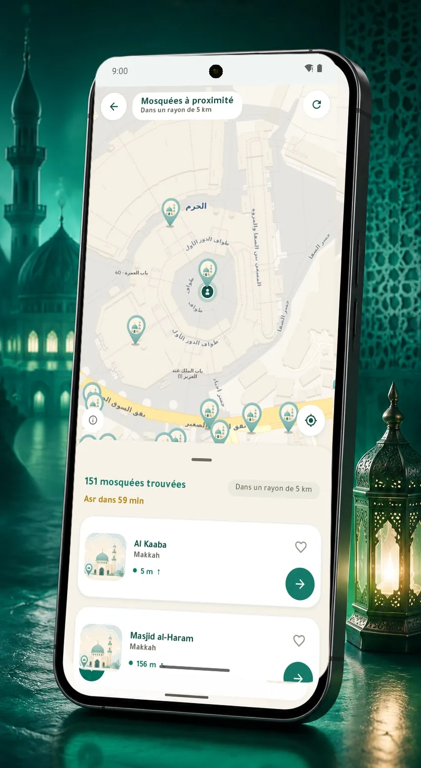 Les mosquées proches dans Risala : une carte des mosquées autour de l'utilisateur, les plus proches listées dessous avec leur distance