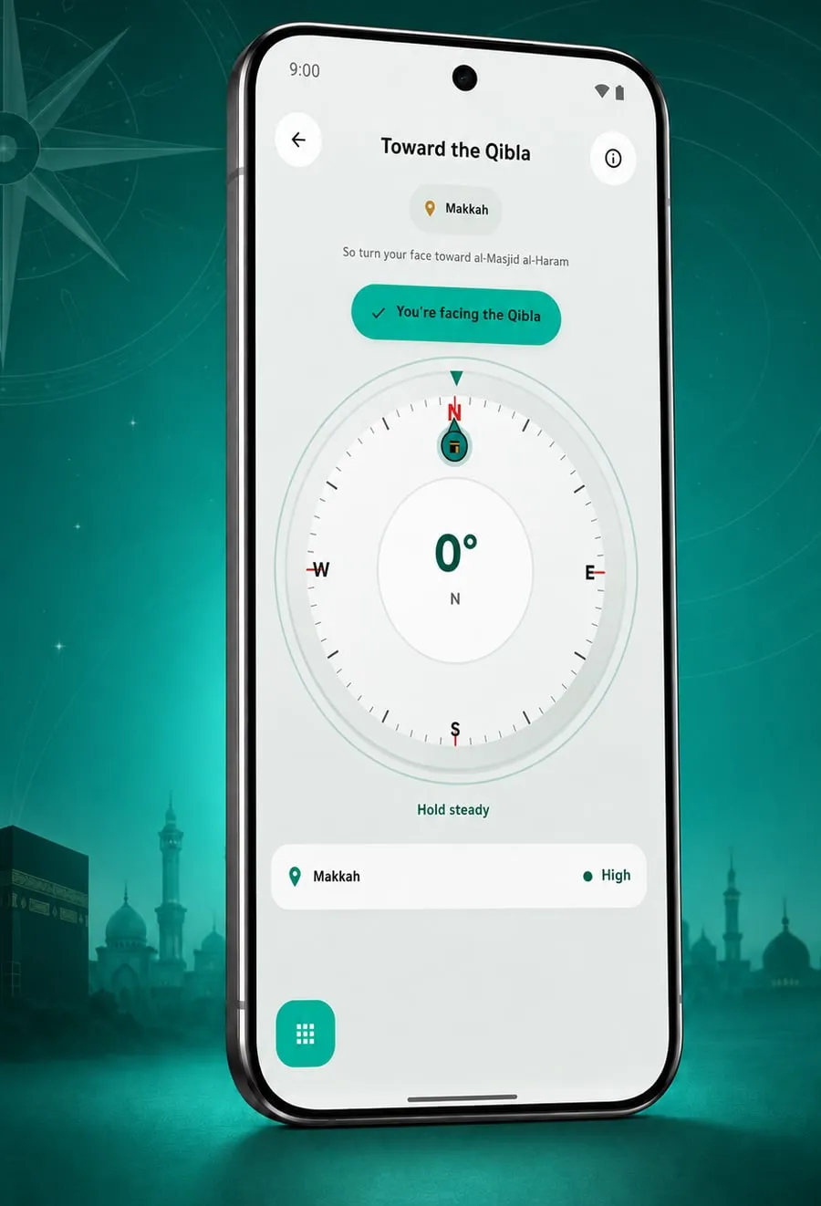 The qibla compass in Risala, showing that the user faces the Kaaba