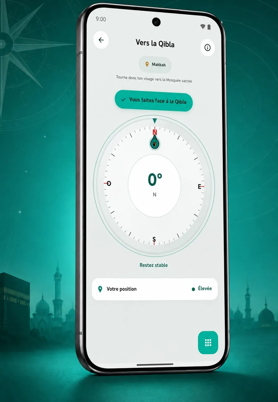 La boussole de qibla de Risala, qui indique que l'utilisateur fait face à la Kaaba